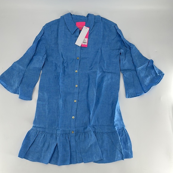 Lilly Pulitzer Women's Linley Collared Coverup in Beckon Blue x Sea Salt Size M - Picture 2 of 10